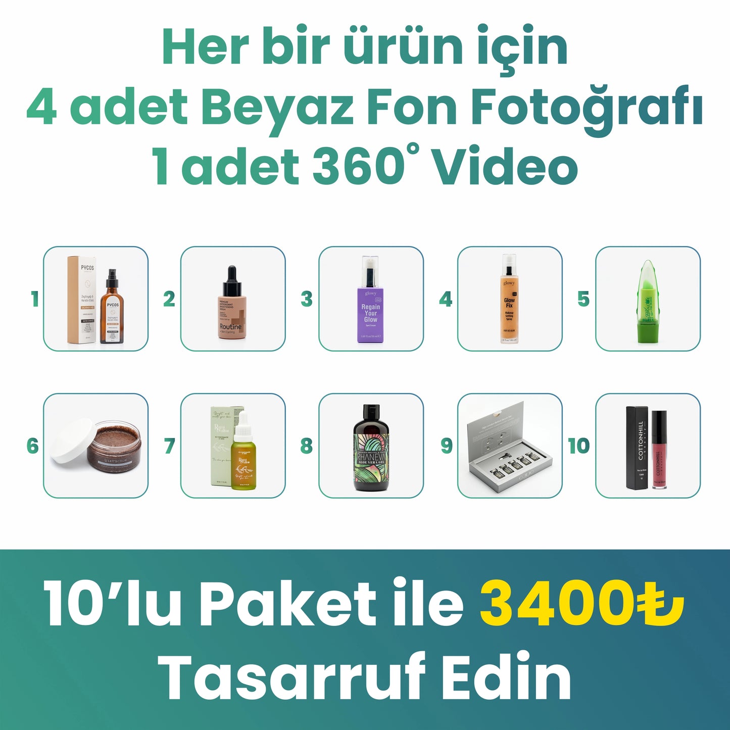 10'lu Paket: 360 Derece Ürün Videosu ve 4 Adet Yüksek Çözünürlüklü Fotoğraf